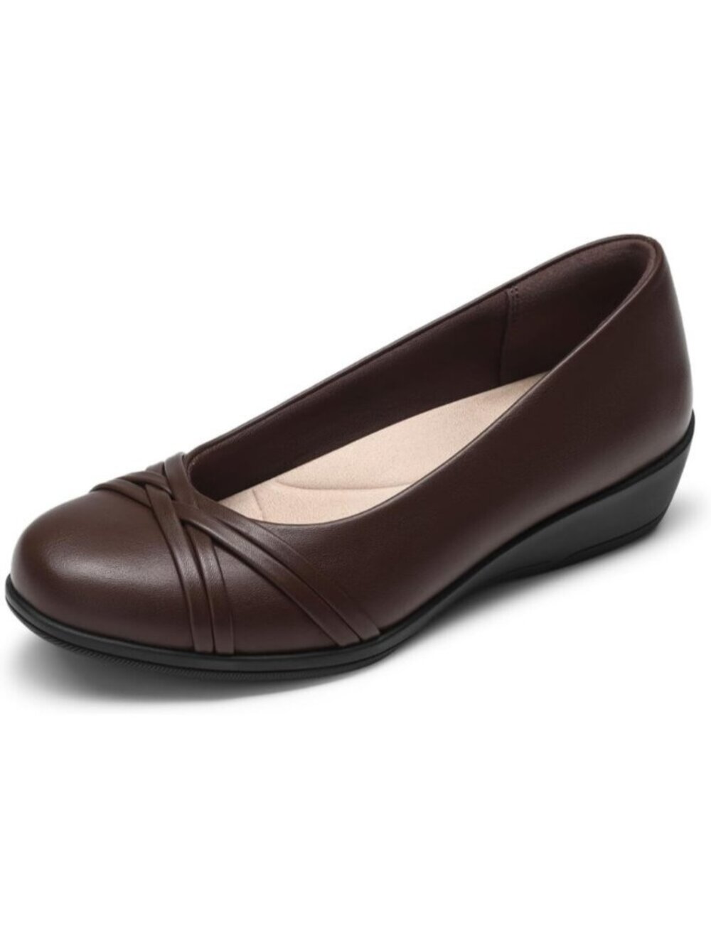 Women's Brown Faux Leather Low Wedge Closed Toe Flexible Grippy Dressy Flats